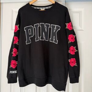 PINK Victoria's Secret Black Crewneck Sweatshirt Embroidered Roses Size L